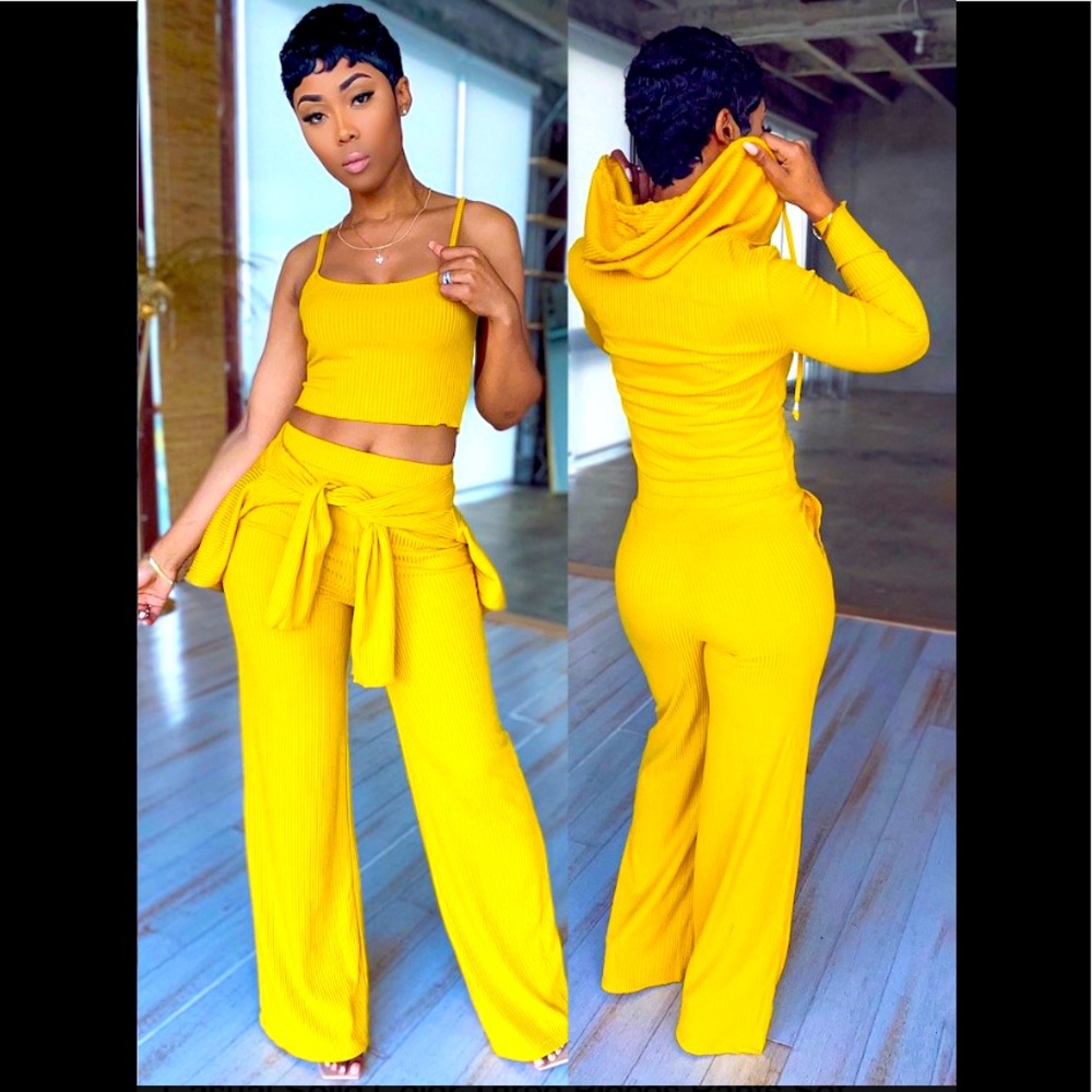 3pc Rib Knit Long Sleeve ZipUp Hoodie Jacket Crop Cami Top & Pocket Pant Outfit